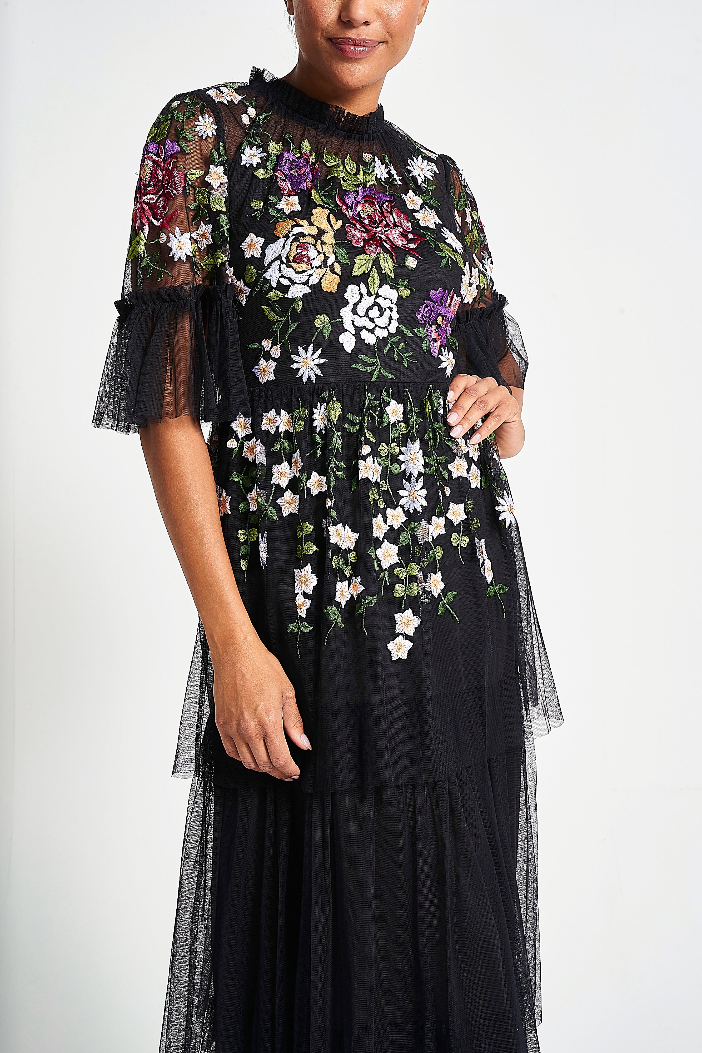 Amanda Black Floral Embroidered Maxi Dress