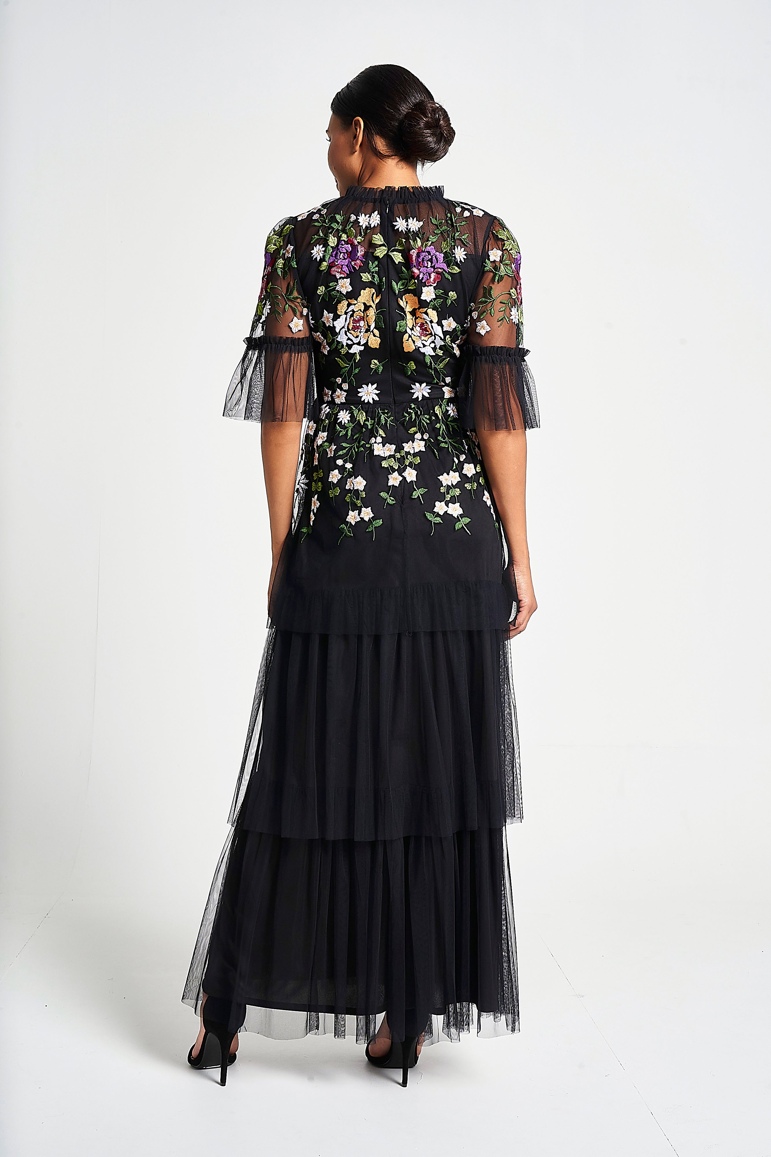 Amanda Black Floral Embroidered Maxi Dress – Frock and Frill