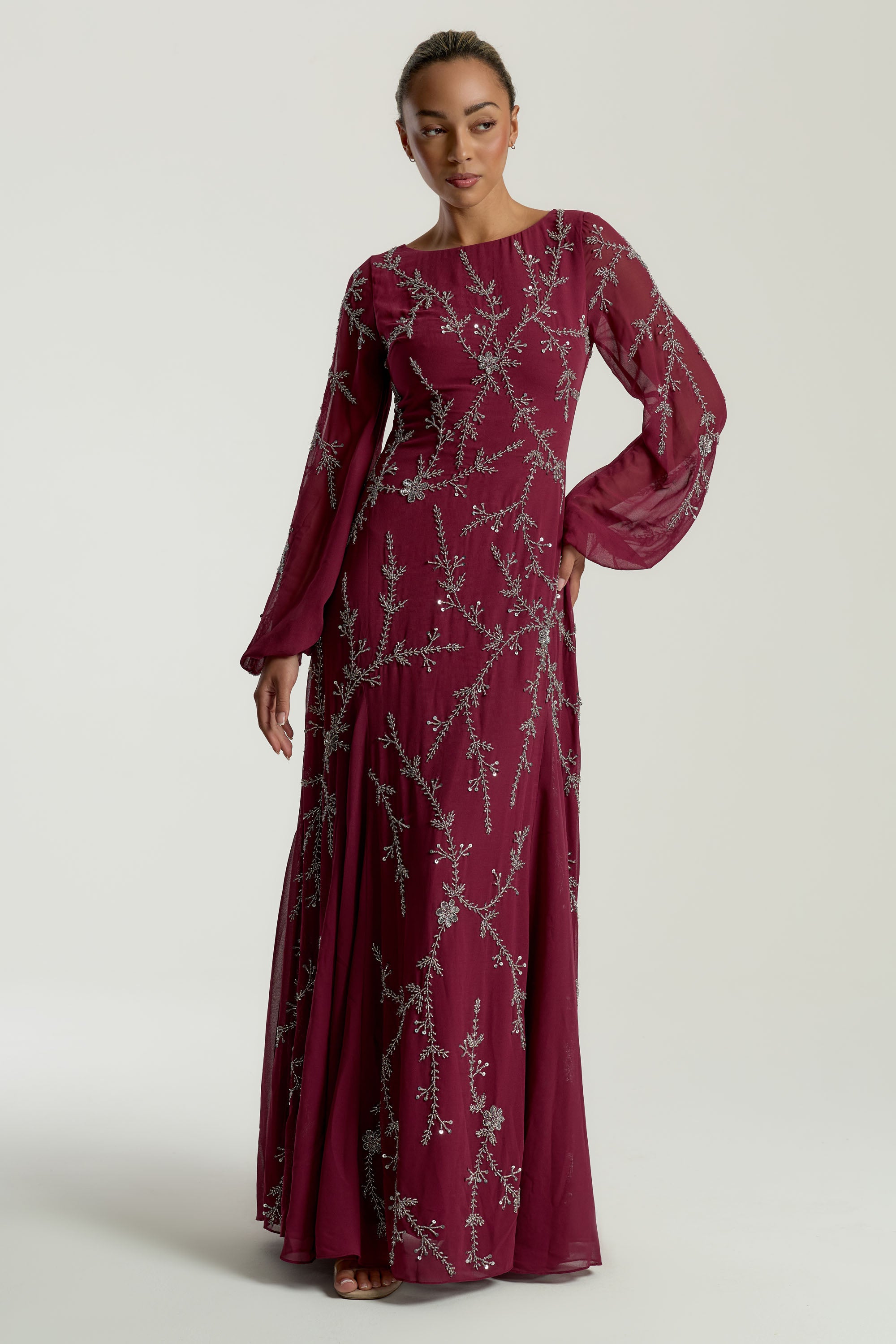 Amara Burgundy Embellished Maxi Dress – Frock and Frill