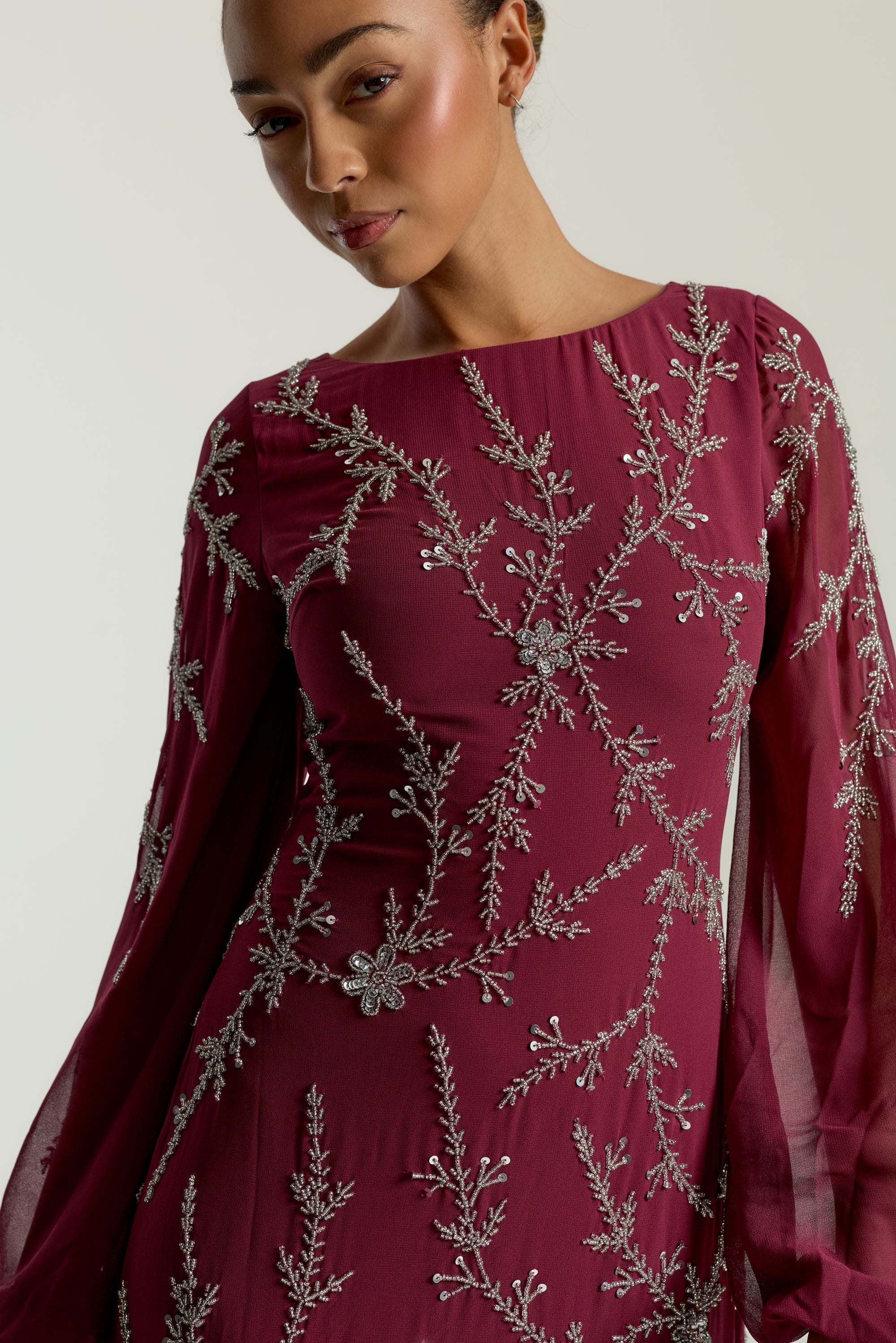 Amara Burgundy Embellished Maxi Dress – Frock and Frill