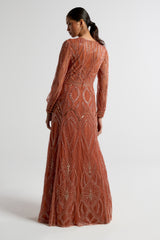 Amber burnt orange embellished maxi dress with V-neckline and long sleeves