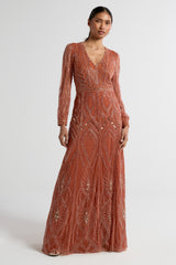 Amber burnt orange embellished maxi dress with V-neckline and long sleeves