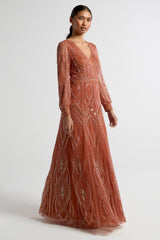 Amber burnt orange embellished maxi dress with V-neckline and long sleeves