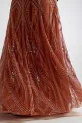 Amber burnt orange embellished maxi dress with V-neckline and long sleeves