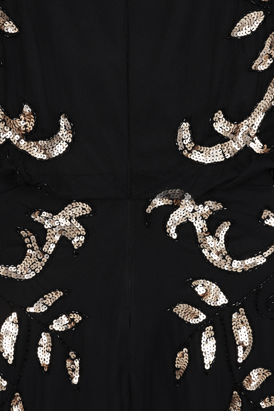 Black maxi dress with gold sequin floral embellishment, flowing sheer sleeves and full-length silhouette, Ambretta by Frock and Frill.