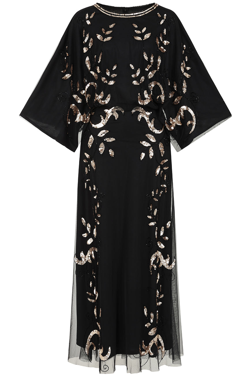green emerald velvet dress Aliza Black Floral Embellished Maxi Dress – Frock and Frill main image 1
