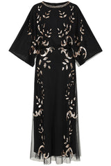 Black maxi dress with gold sequin floral embellishment, flowing sheer sleeves and full-length silhouette, Ambretta by Frock and Frill.