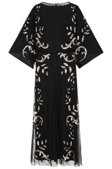 Black maxi dress with gold sequin floral embellishment, flowing sheer sleeves and full-length silhouette, Ambretta by Frock and Frill.
