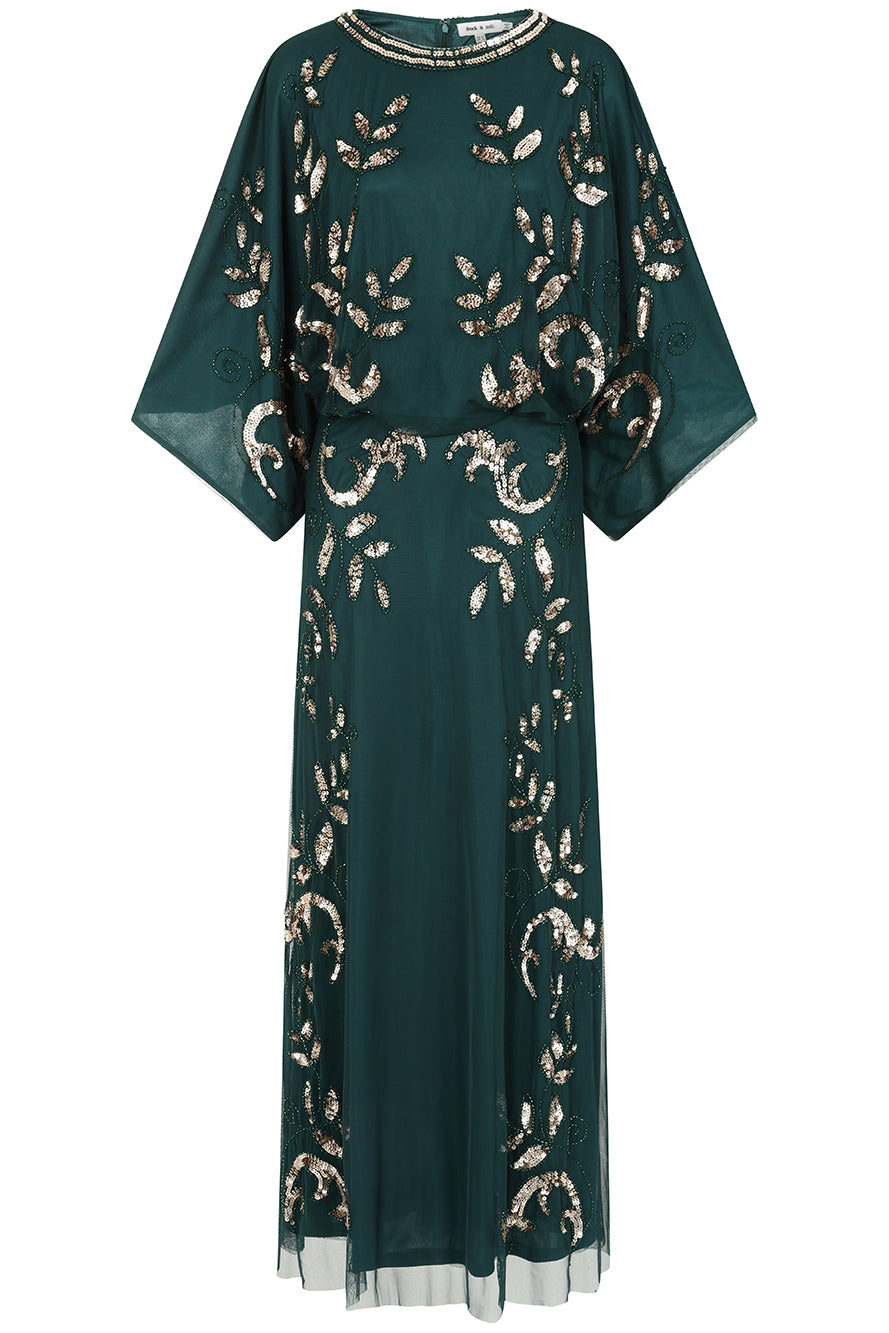 Frock and Frill Ambretta Embellished Midi Dress with elbow-length sleeves in rainforest green, featuring sparkling beadwork and a flowing elegant silhouette.
