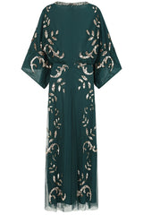 Frock and Frill Ambretta Embellished Midi Dress with elbow-length sleeves in rainforest green, featuring sparkling beadwork and a flowing elegant silhouette.