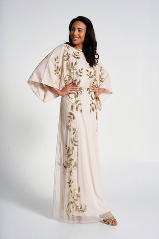 Ambretta Leaf Embellished Maxi Dress with Batwing Sleeves - Nude