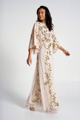 Ambretta Leaf Embellished Maxi Dress with Batwing Sleeves - Nude