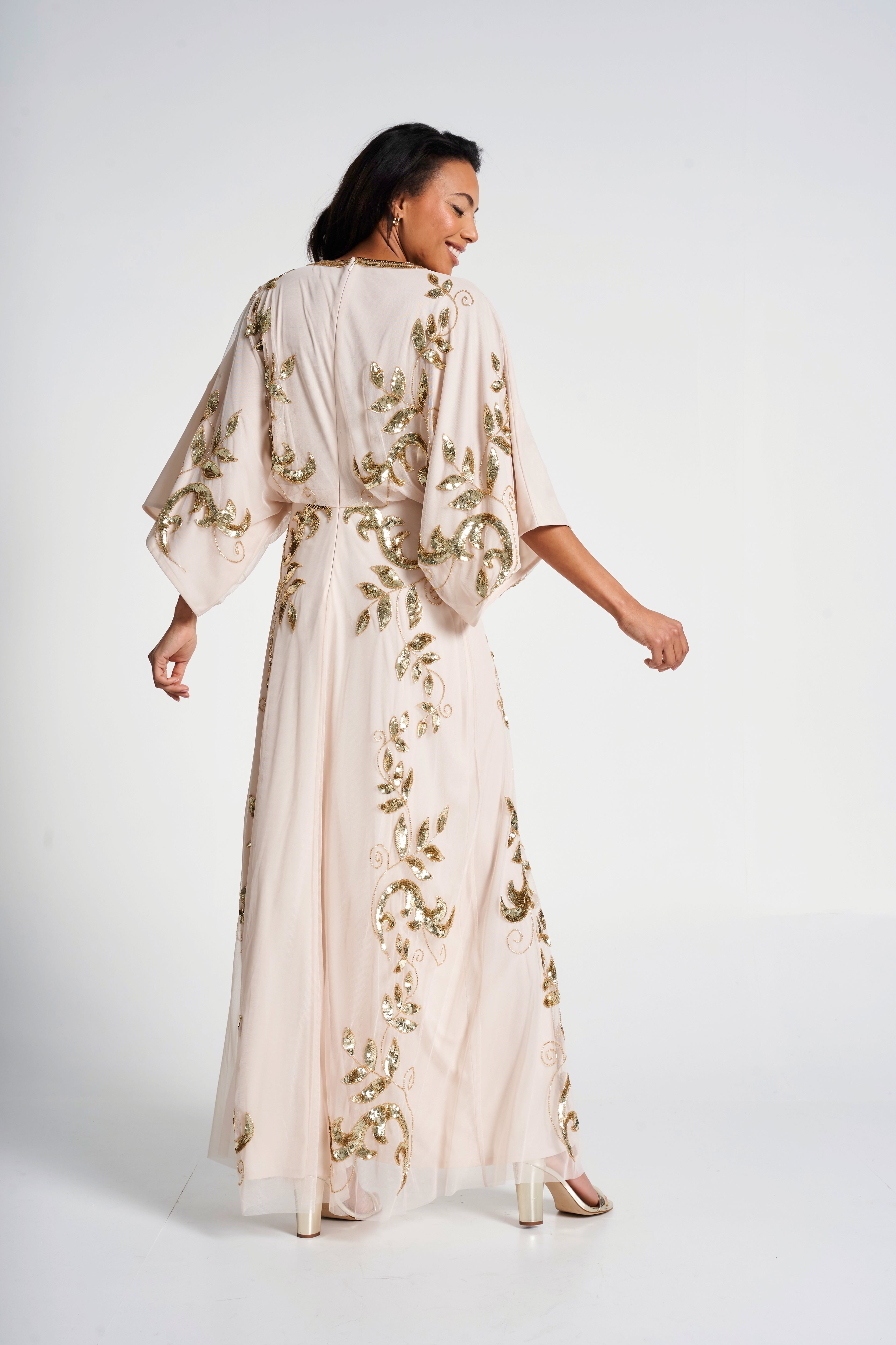 Ambretta Leaf Embellished Maxi Dress with Batwing Sleeves - Nude