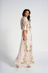 Ambretta Leaf Embellished Maxi Dress with Batwing Sleeves - Nude