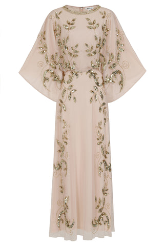 Ambretta Leaf Embellished Maxi Dress with Batwing Sleeves - Nude