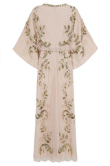 Ambretta Leaf Embellished Maxi Dress with Batwing Sleeves - Nude