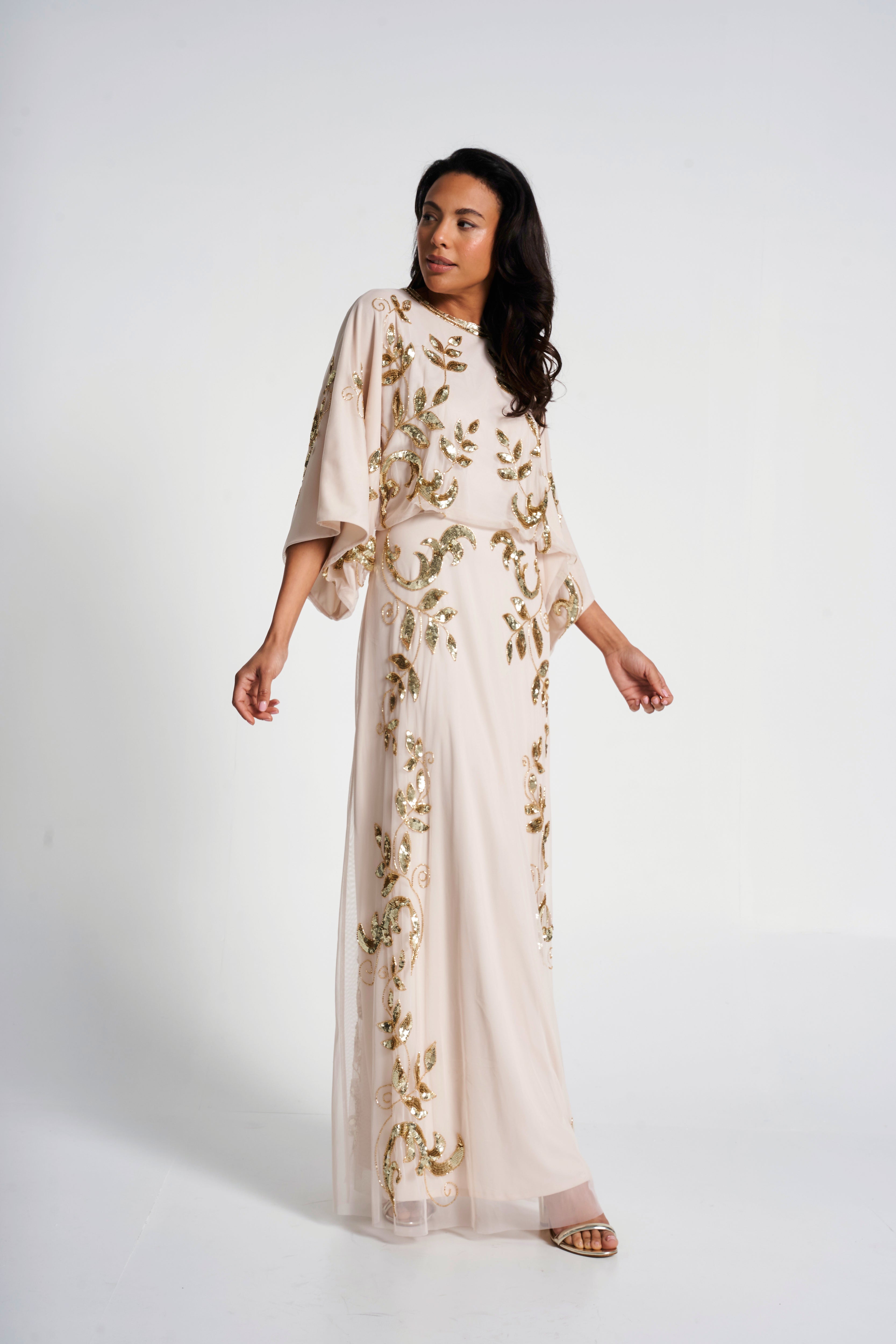 Ambretta Leaf Embellished Maxi Dress with Batwing Sleeves - Nude