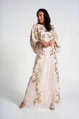 Ambretta Leaf Embellished Maxi Dress with Batwing Sleeves - Nude