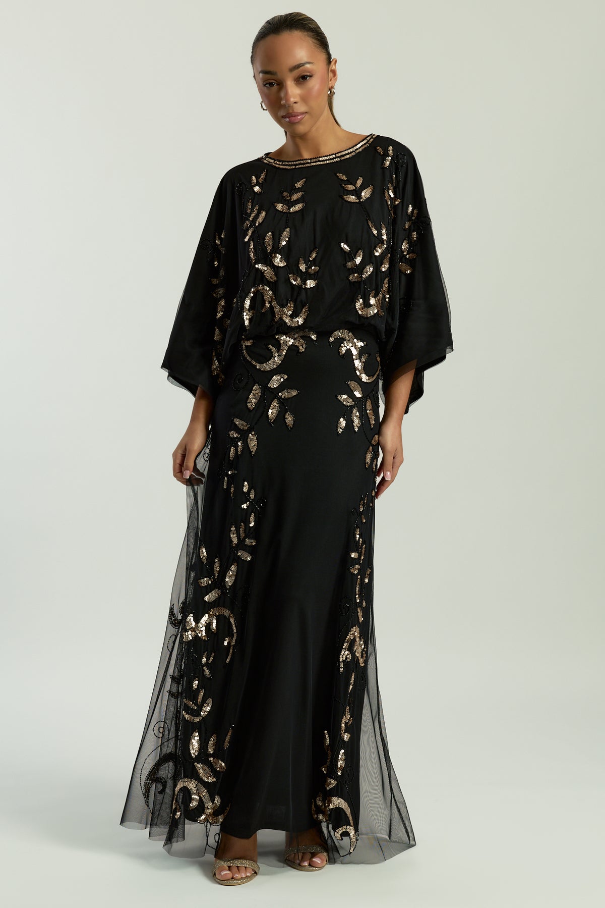 Ambretta Black Leaf Embellished Maxi Dress with Batwing Sleeves Frock and Frill Ambretta Black Leaf Embellished Maxi Dress with Batwing Sleeves Frock and Frill