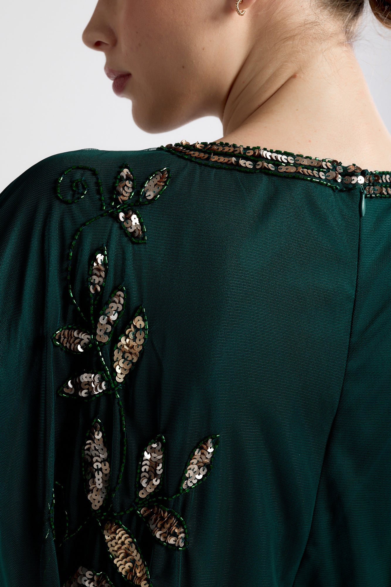 Frock and Frill Ambretta Embellished Midi Dress with elbow-length sleeves in rainforest green, featuring sparkling beadwork and a flowing elegant silhouette.