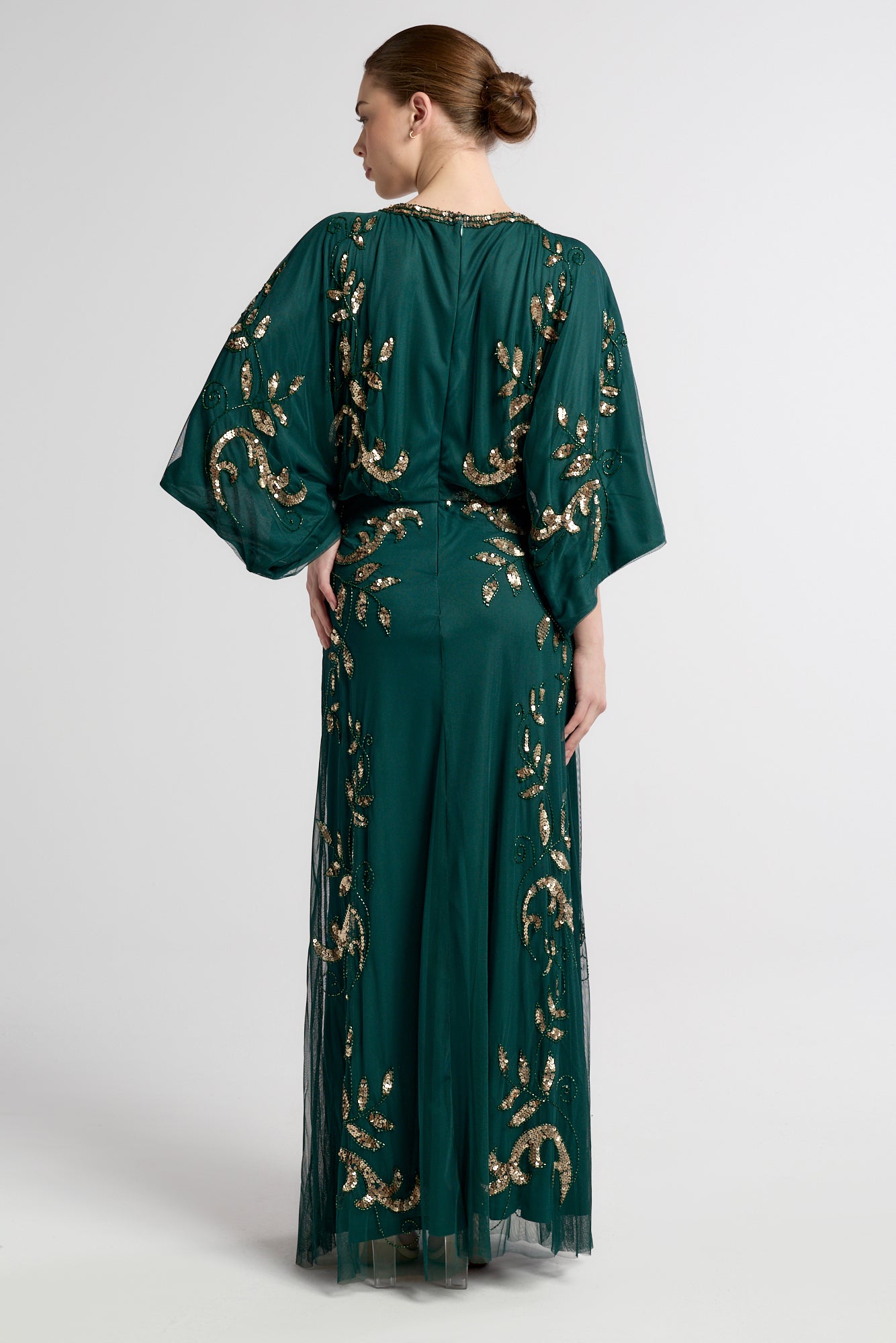 Frock and Frill Ambretta Embellished Midi Dress with elbow-length sleeves in rainforest green, featuring sparkling beadwork and a flowing elegant silhouette.