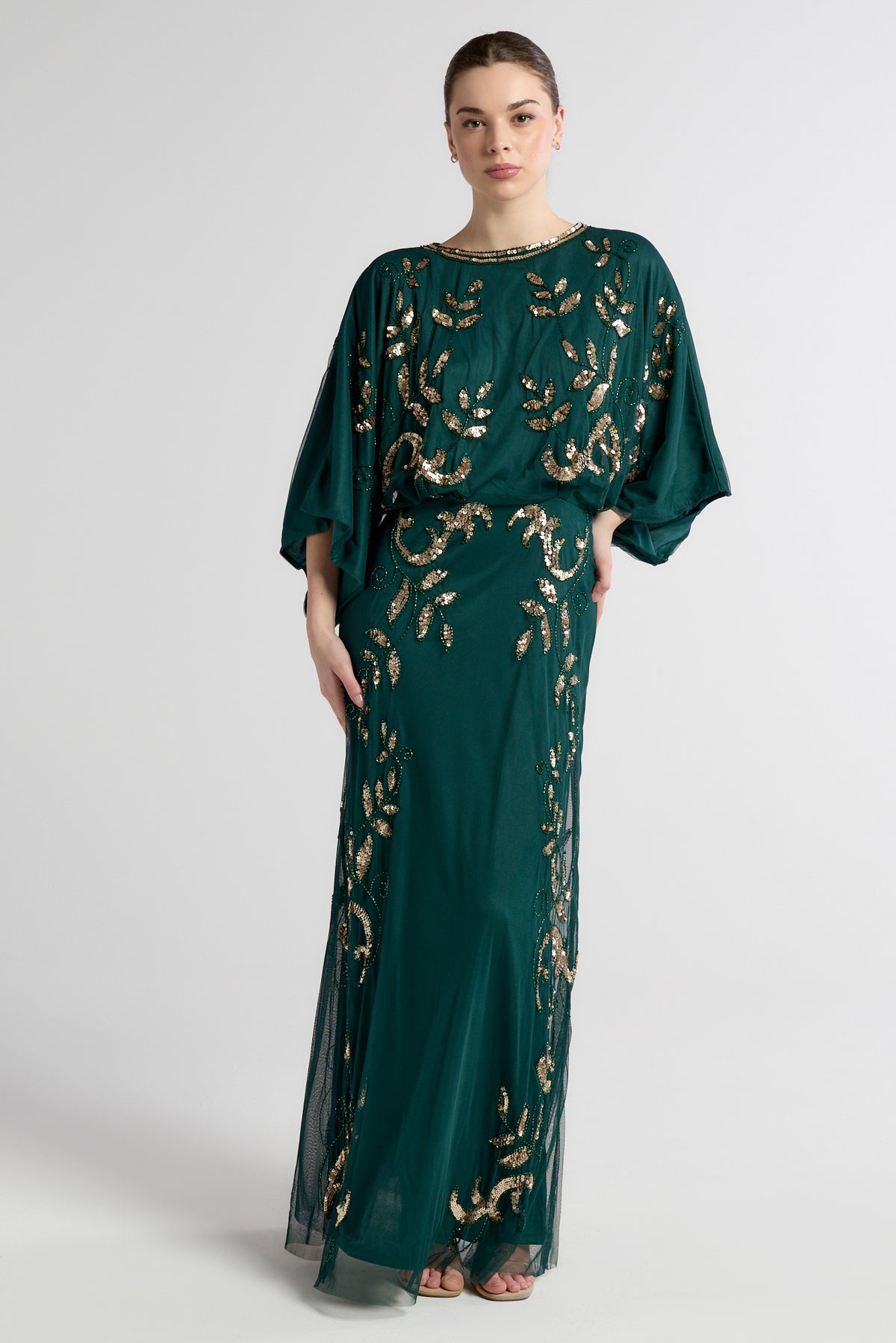 Ambretta Green Leaf Embellished Maxi Dress with Batwing Sleeves Frock and Frill Ambretta Green Leaf Embellished Maxi Dress with Batwing Sleeves Frock and Frill