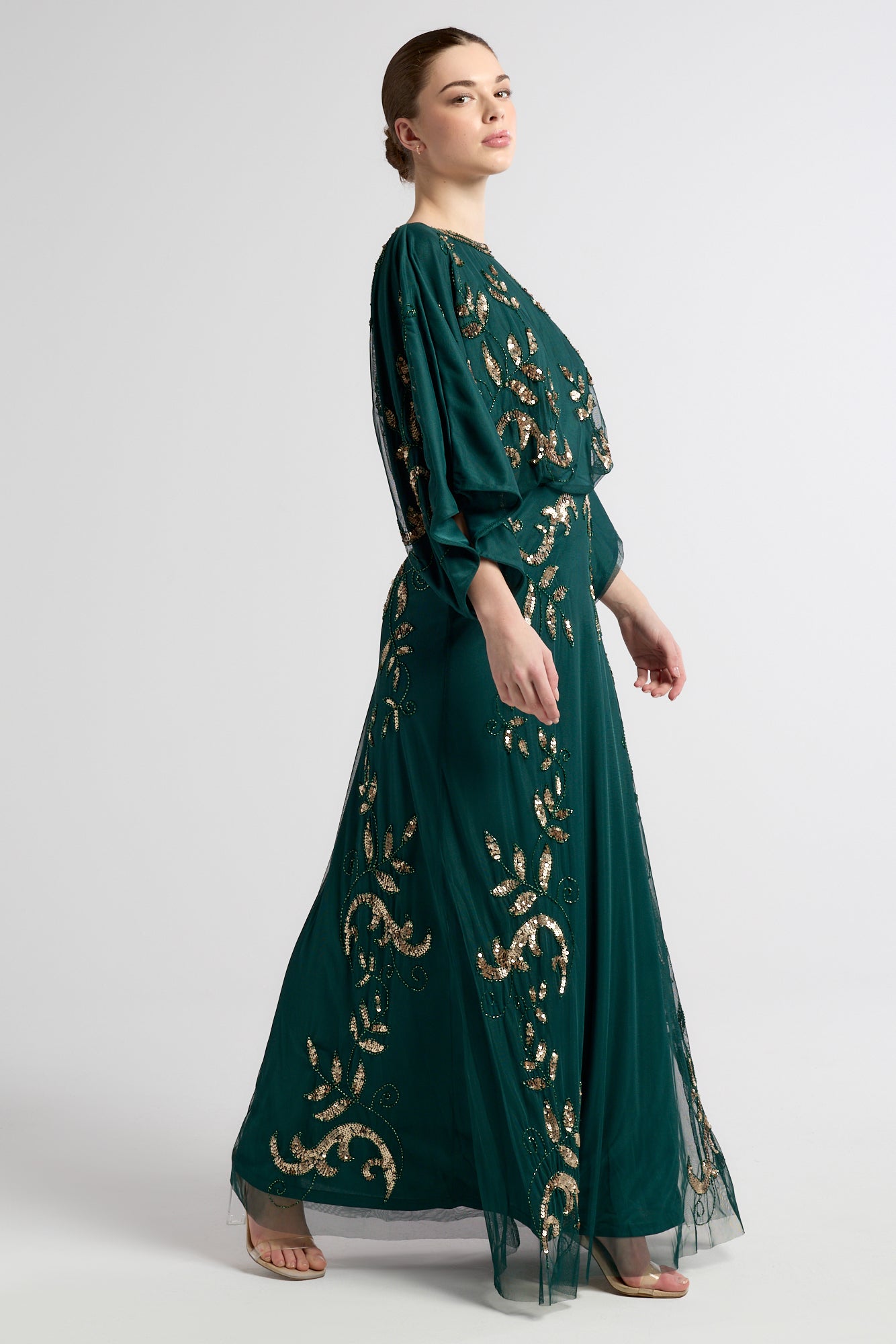 Frock and Frill Ambretta Embellished Midi Dress with elbow-length sleeves in rainforest green, featuring sparkling beadwork and a flowing elegant silhouette.