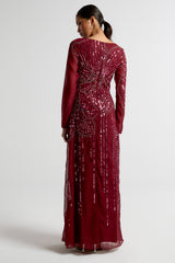 Amorette burgundy red embellished maxi dress with oversized floral bead detailing, modest long sleeves, flowing silhouette – Frock and Frill evening gown