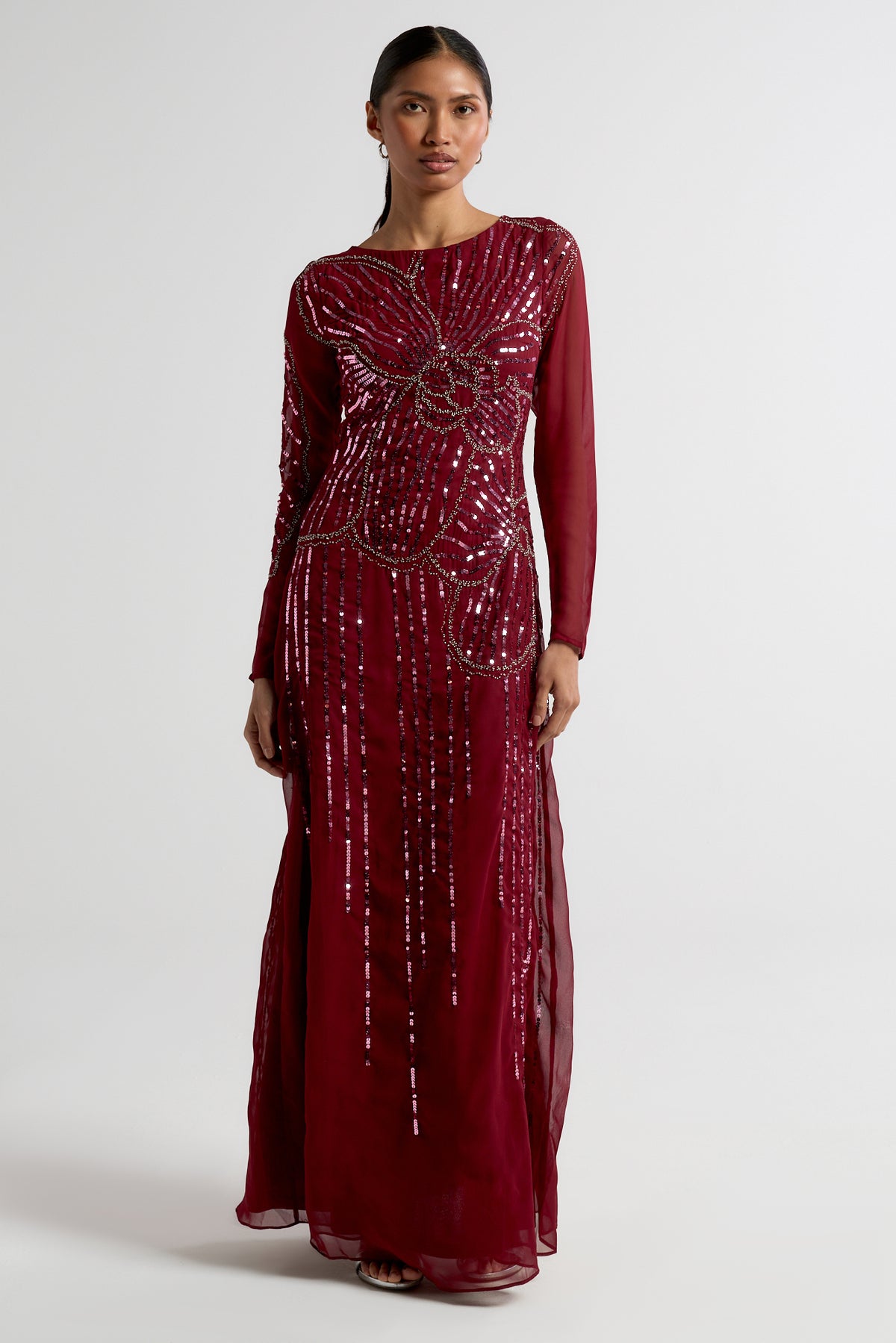 Amorette burgundy red embellished maxi dress with oversized floral bead detailing, modest long sleeves, flowing silhouette – Frock and Frill evening gown