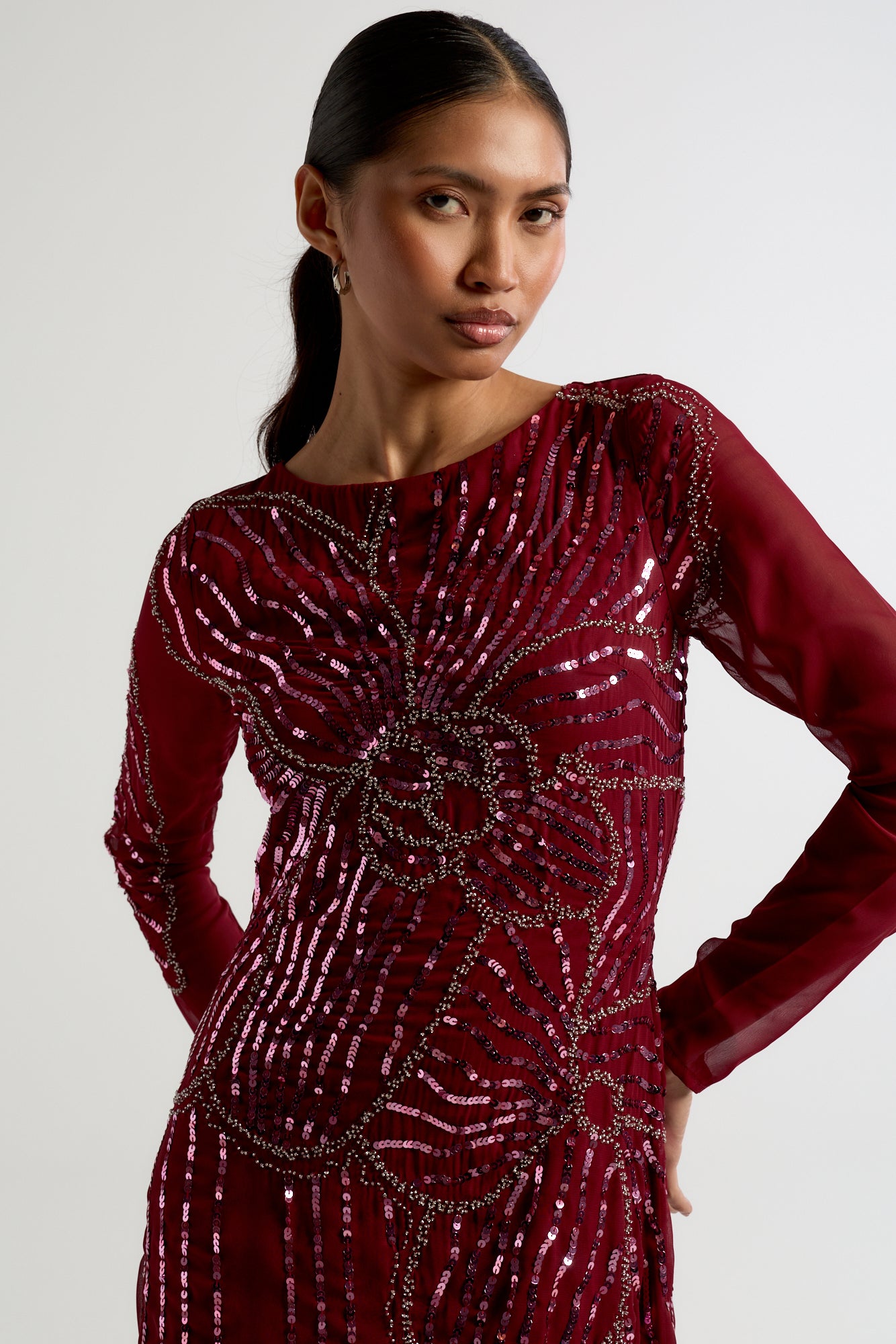 Amorette burgundy red embellished maxi dress with oversized floral bead detailing, modest long sleeves, flowing silhouette – Frock and Frill evening gown