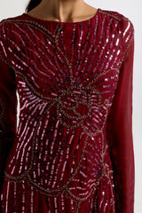 Amorette burgundy red embellished maxi dress with oversized floral bead detailing, modest long sleeves, flowing silhouette – Frock and Frill evening gown