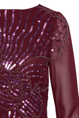 Amorette burgundy red embellished maxi dress with oversized floral bead detailing, modest long sleeves, flowing silhouette – Frock and Frill evening gown