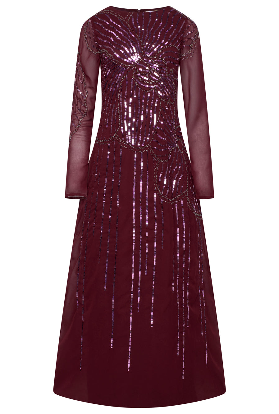 Amorette burgundy red embellished maxi dress with oversized floral bead detailing, modest long sleeves, flowing silhouette – Frock and Frill evening gown