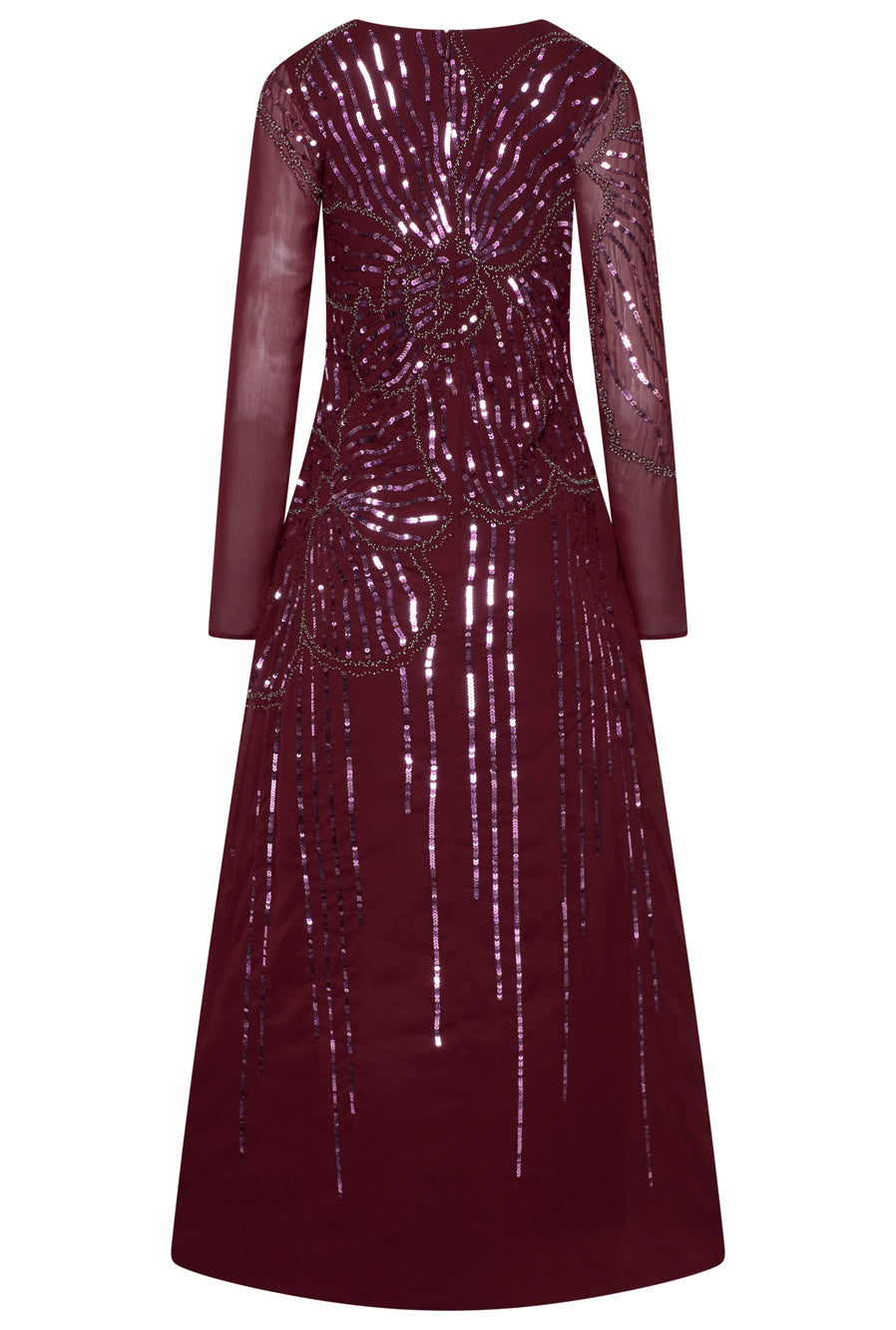 Amorette burgundy red embellished maxi dress with oversized floral bead detailing, modest long sleeves, flowing silhouette – Frock and Frill evening gown