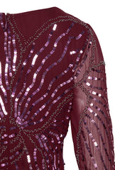 Amorette burgundy red embellished maxi dress with oversized floral bead detailing, modest long sleeves, flowing silhouette – Frock and Frill evening gown