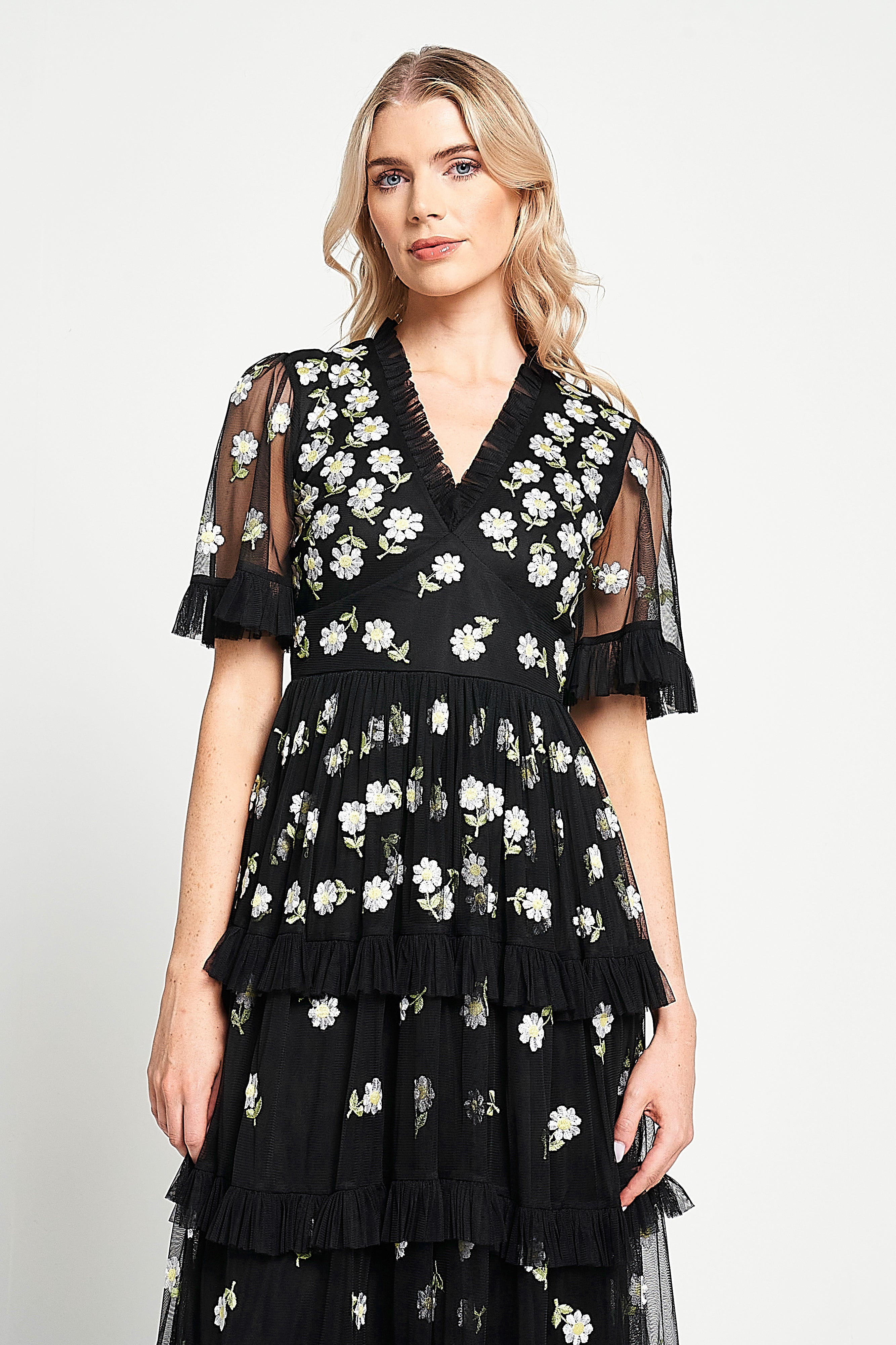 Amy Black Floral Embroidered Midi Dress – Frock and Frill