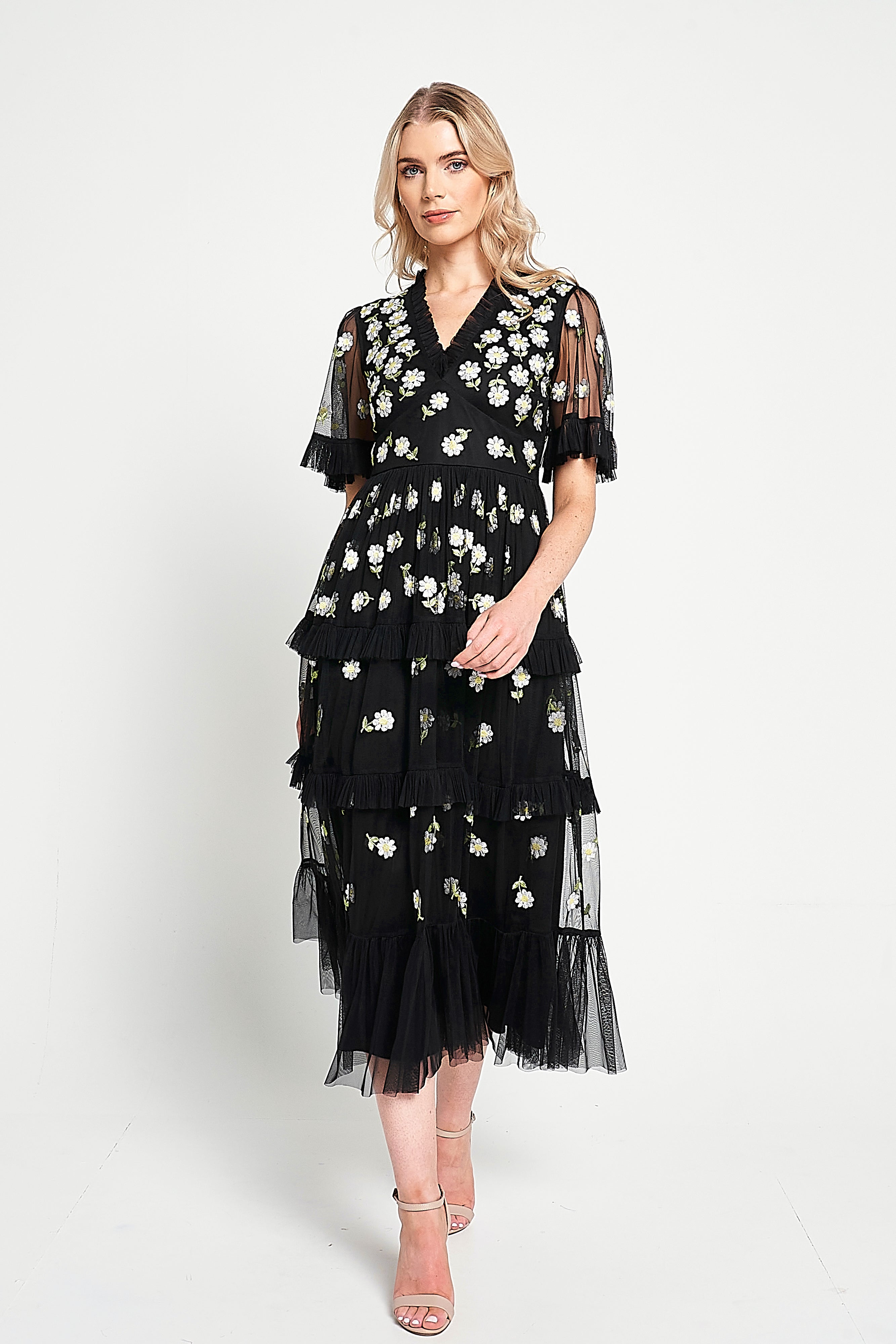 Amy Black Floral Embroidered Midi Dress Frock and Frill Amy Black Floral Embroidered Midi Dress Frock and Frill