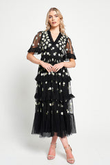 Amy Black Floral Embroidered Midi Dress