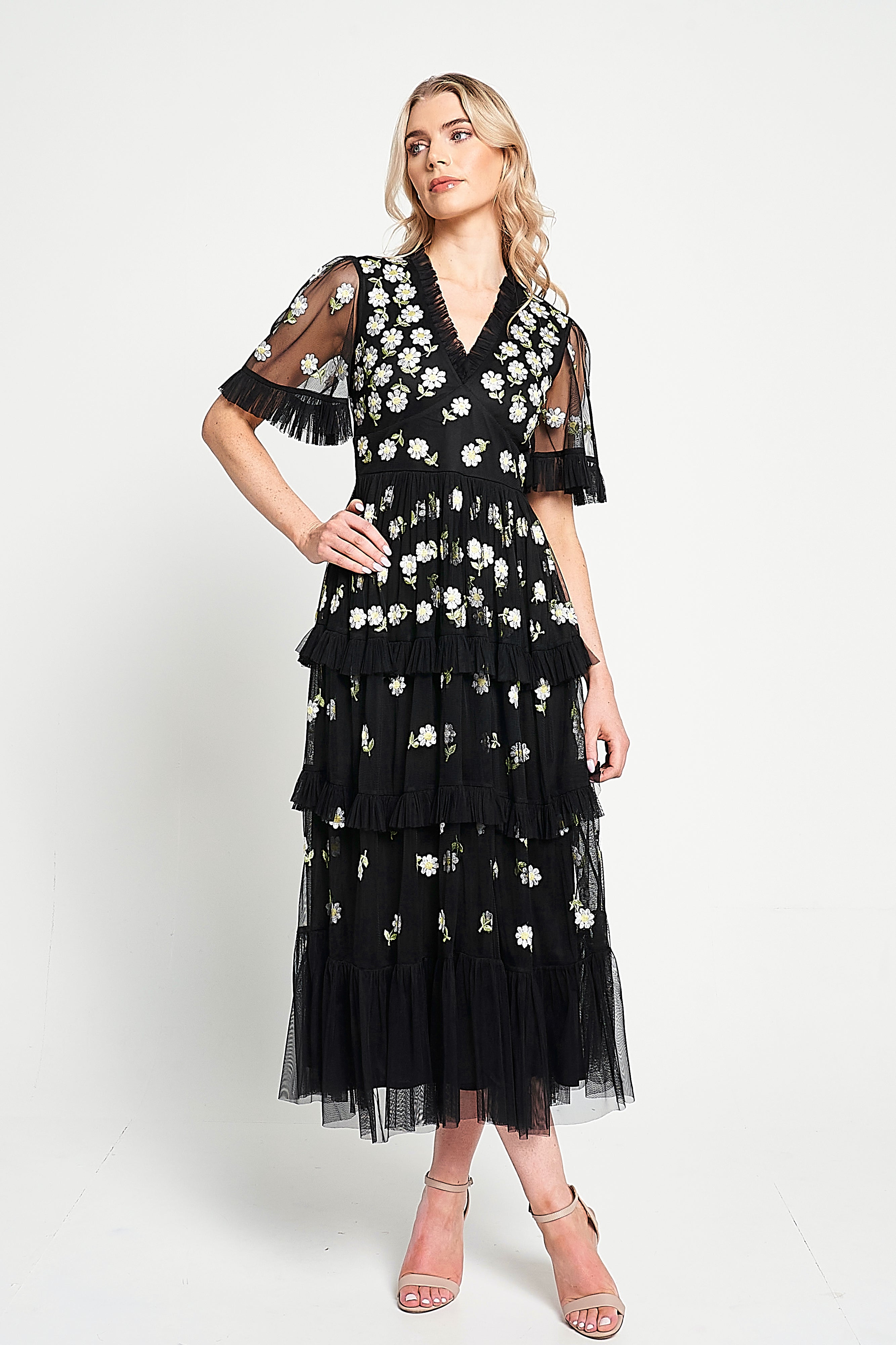 Amy Black Floral Embroidered Midi Dress