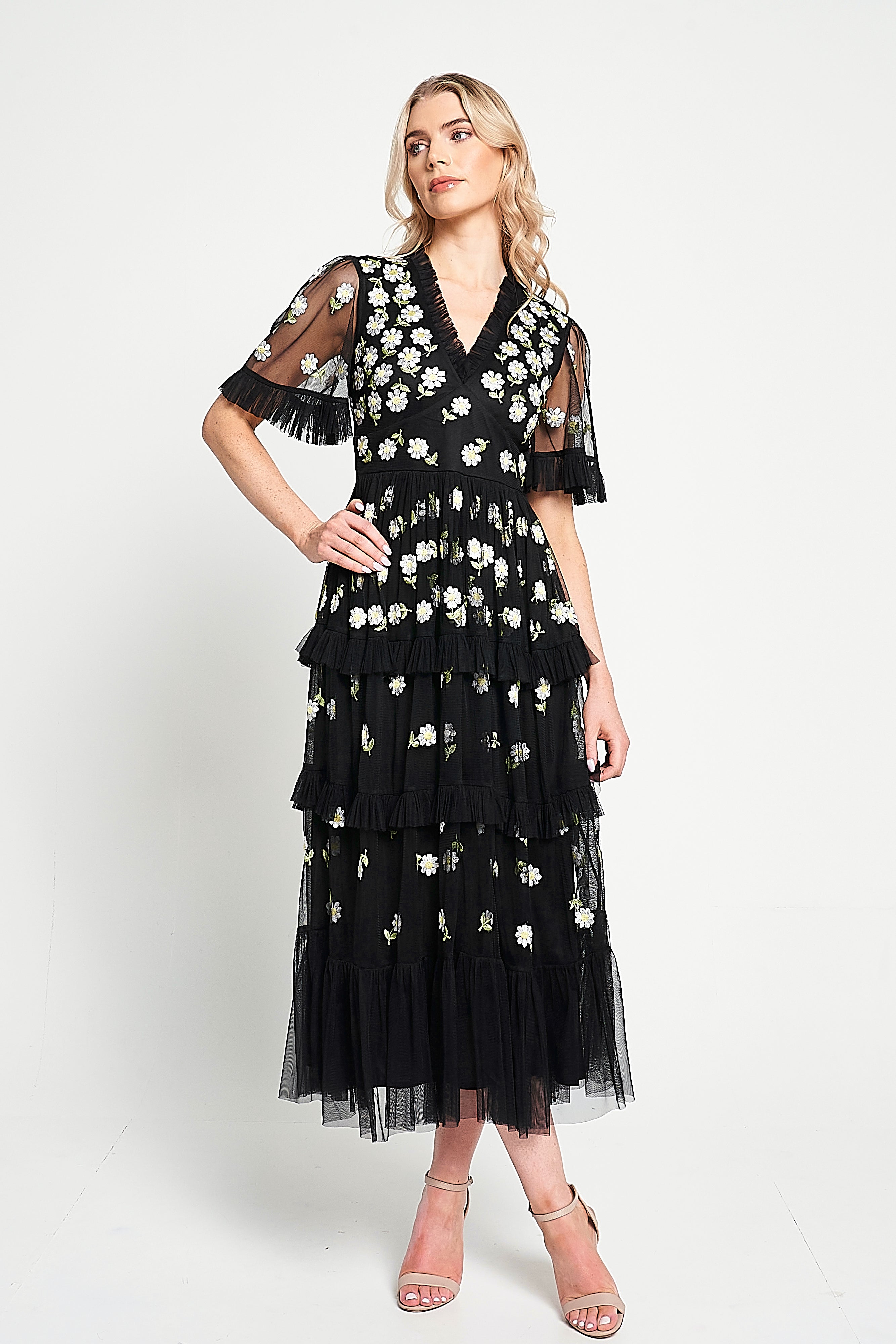Amy Black Floral Embroidered Midi Dress – Frock and Frill