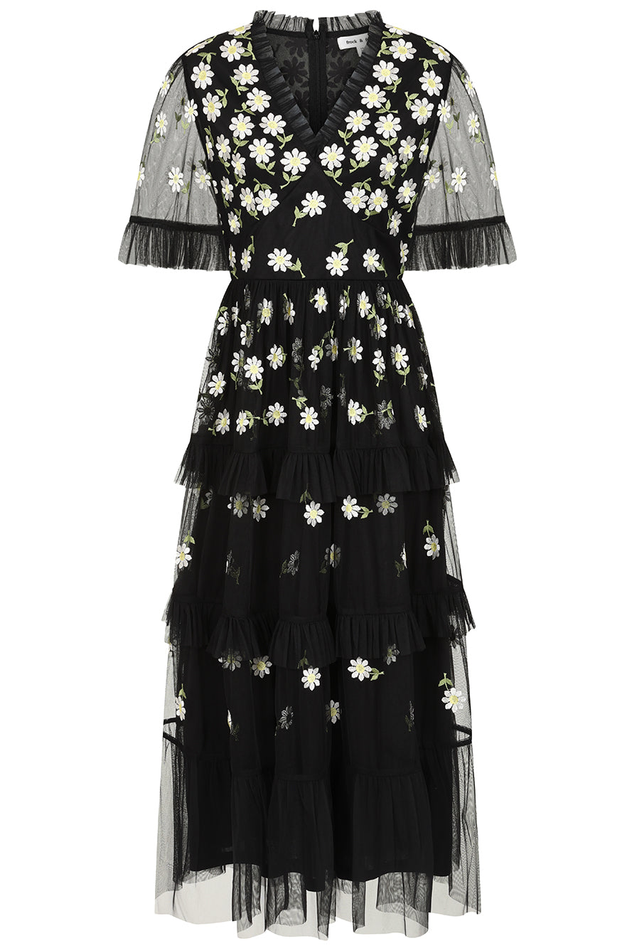 Amy Black Floral Embroidered Midi Dress – Frock and Frill