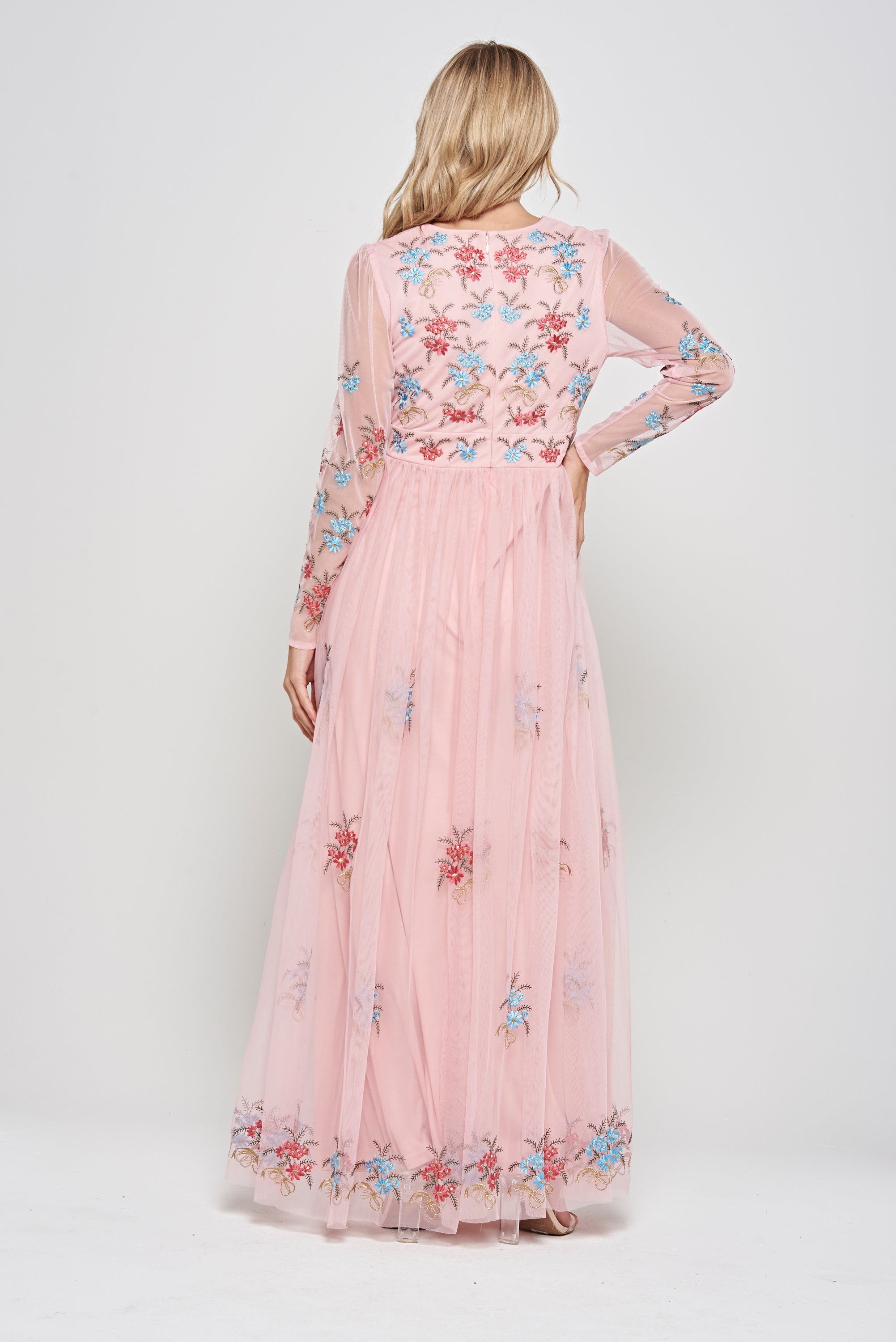 Anara Pink Floral Embroidered Maxi Dress