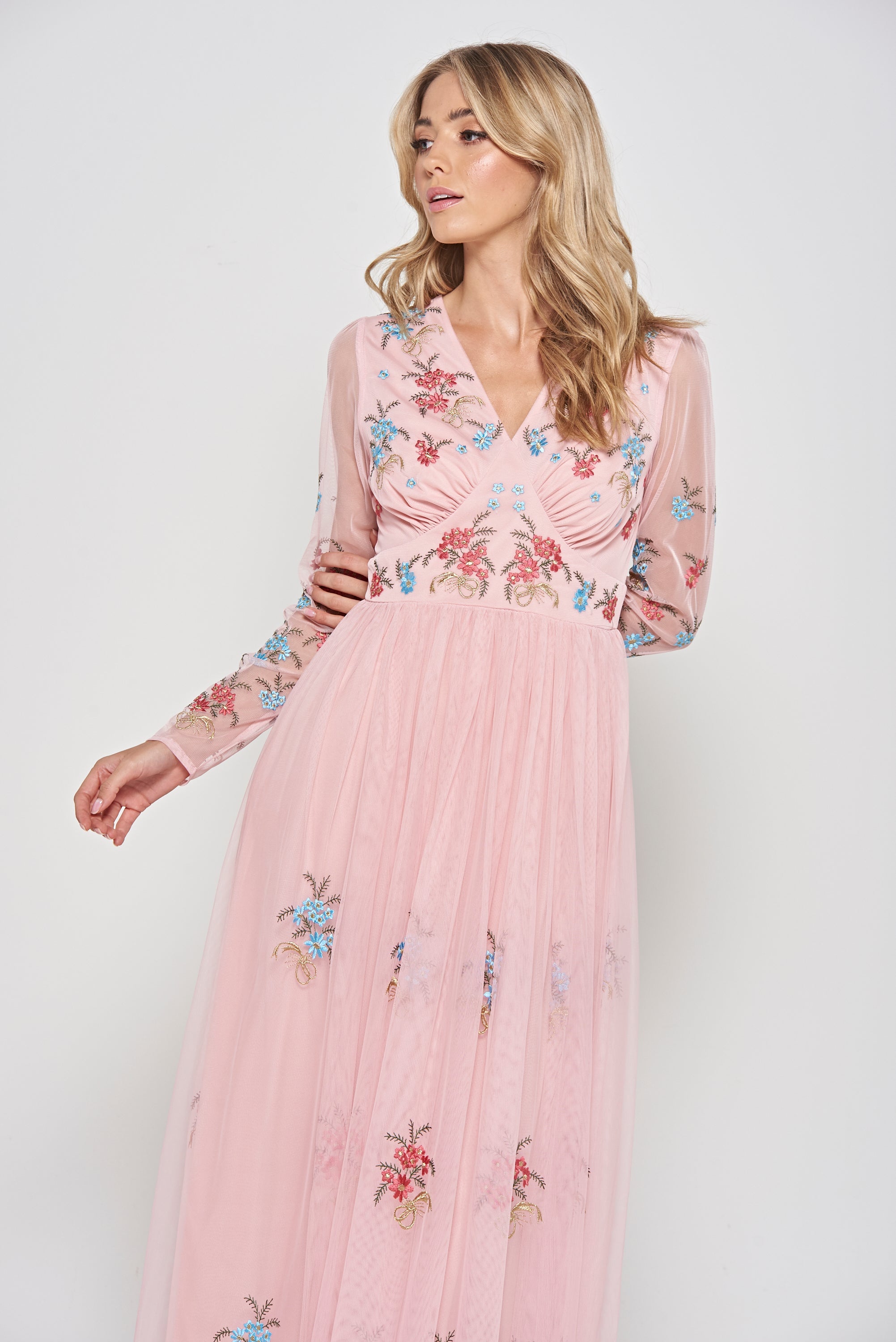 Anara Pink Floral Embroidered Maxi Dress