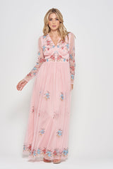 Anara Pink Floral Embroidered Maxi Dress