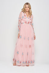 Anara Pink Floral Embroidered Maxi Dress