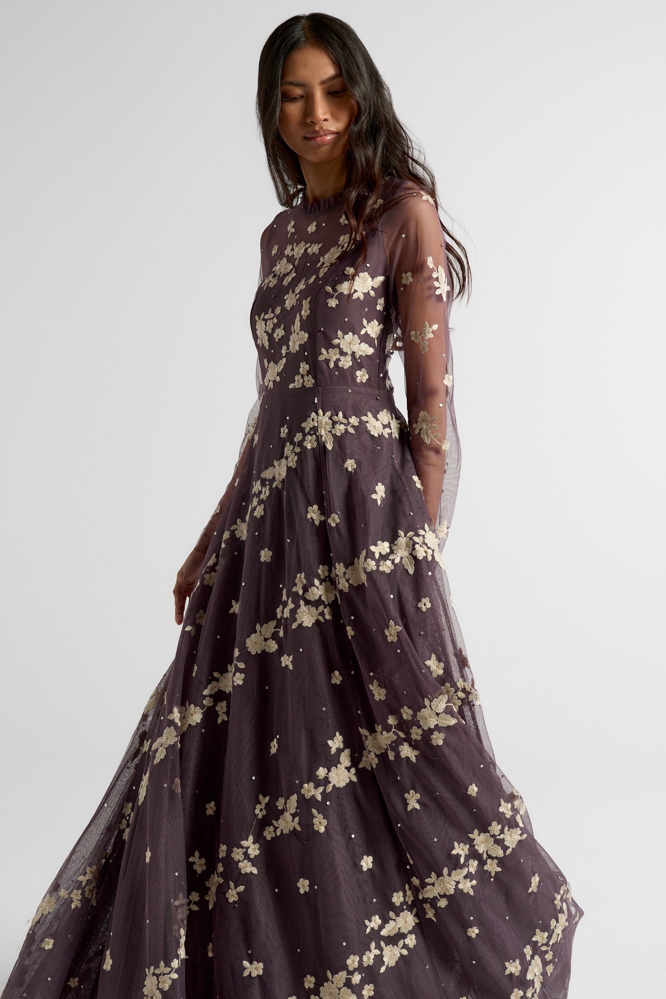 floral embroidered long dress Lost in Flowering Fields Embroidered Mesh Maxi Dress in Black Black XXL