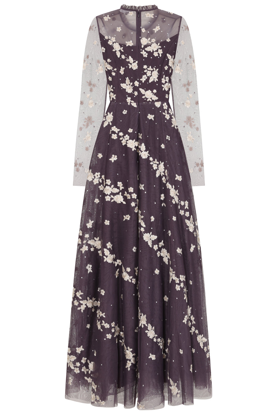 Anastasia purple floral embroidered maxi dress by Frock and Frill, romantic long sleeve gown for weddings, garden parties and prom. 