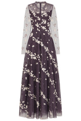 Anastasia purple floral embroidered maxi dress by Frock and Frill, romantic long sleeve gown for weddings, garden parties and prom. 