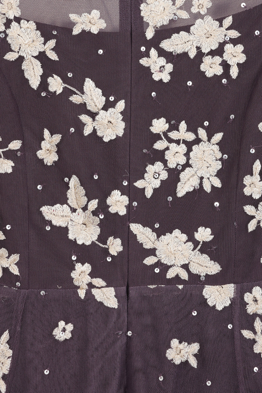 Anastasia purple floral embroidered maxi dress by Frock and Frill, romantic long sleeve gown for weddings, garden parties and prom. 