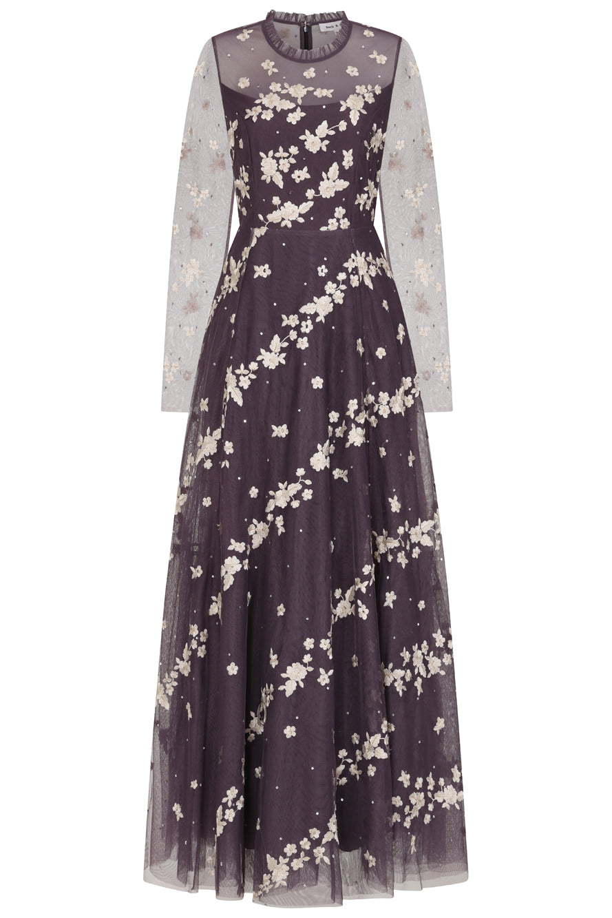Anastasia purple floral embroidered maxi dress by Frock and Frill, romantic long sleeve gown for weddings, garden parties and prom. 